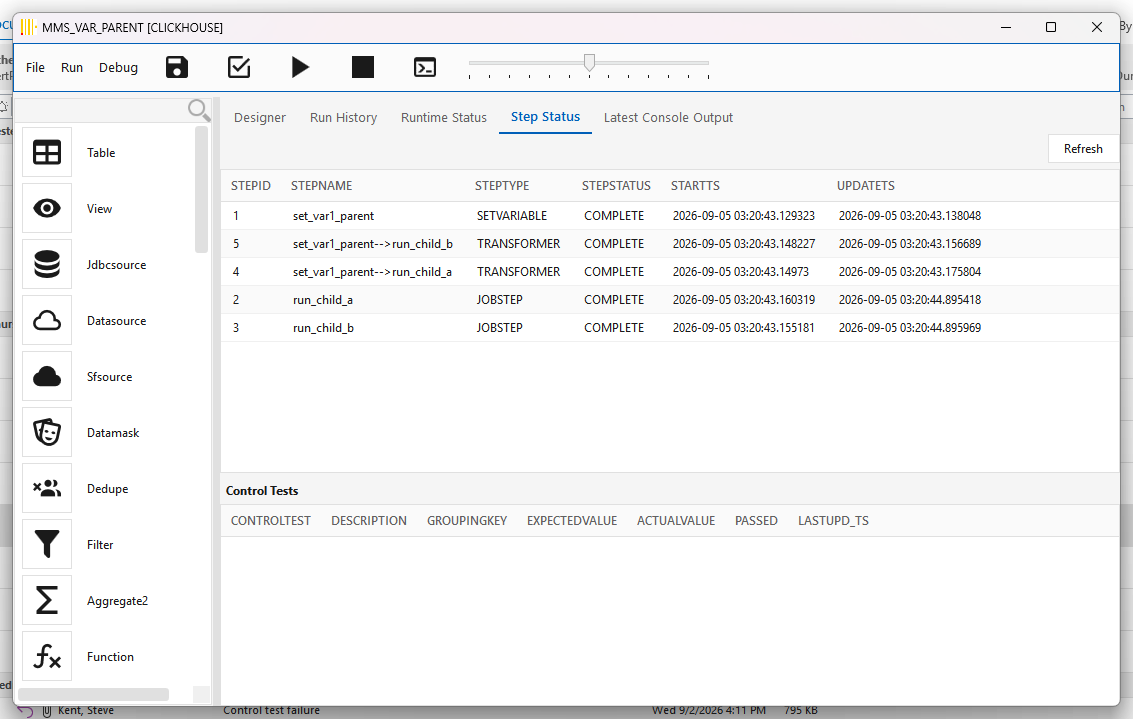 Step Status grid before the change: five rows, two of which are TRANSFORMER rows named set_var1_parent-->run_child_a and -->run_child_b