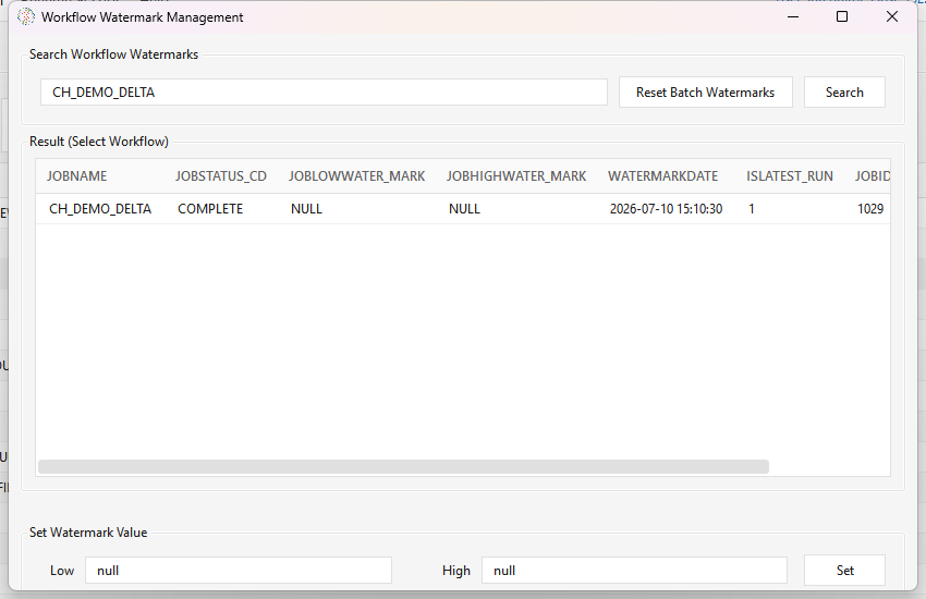 The Watermark Management window pre-seeded with a workflow, showing the Reset Batch Watermarks button and the result grid with the job's low/high marks