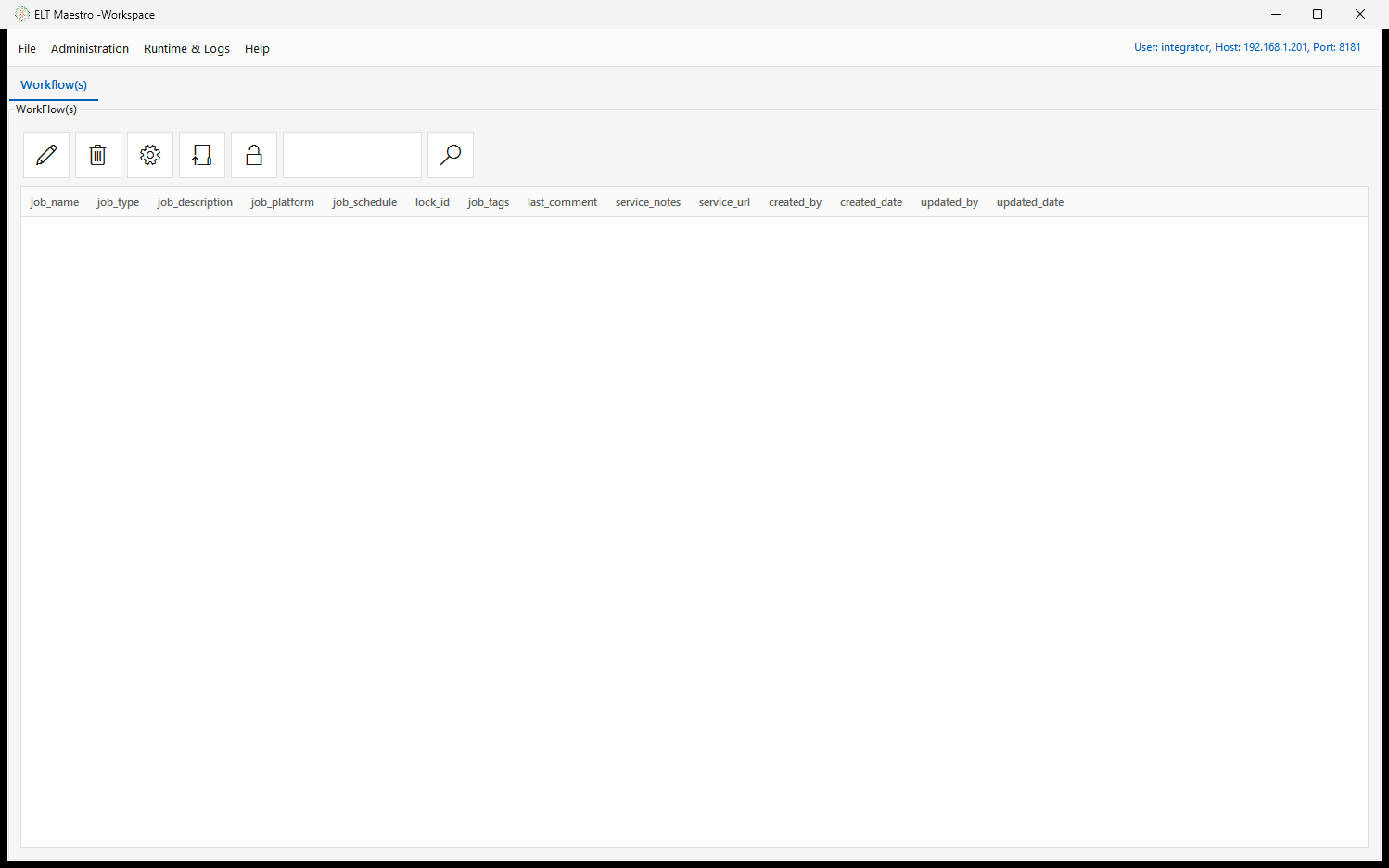 The Workflow(s) tab — action toolbar (New / Delete / Config / Edit / Unlock) and search box above the workflow list, showing the connected user and host in the top-right